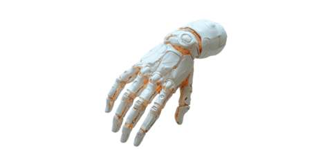 Futuristic Robotic Hand With Orange Accents. Advanced Technology And Artificial Intelligence Concept Isolated On Transparent Background