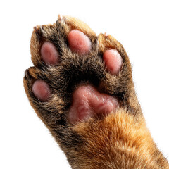 A closeup of a tabby cats paw shows the texture of the fur and the soft pink pads, isolated on transparent background 