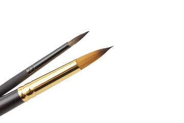 Two artist paintbrushes with fine tips, one with a black handle and the other with a golden...