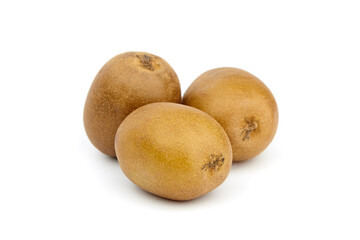 Three ripe brown kiwifruits arranged on a white background, showcasing their smooth skin texture...