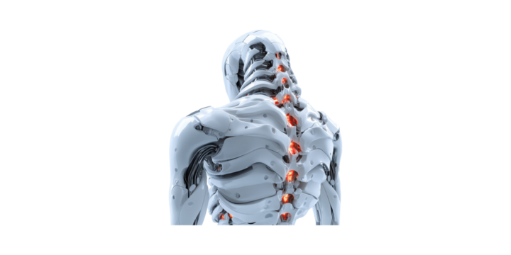 Futuristic Robotic Spine With Glowing Joints. Advanced Technology And Biomechanics Concept Isolated On Transparent Background