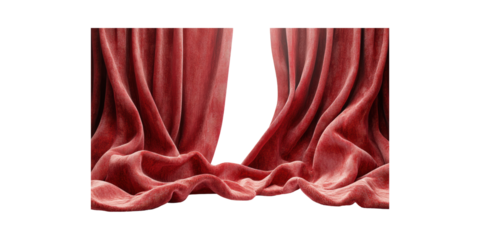 Red Velvet Theater Curtains Opening. Dramatic Stage Reveal And Performance Concept Isolated On Transparent Background