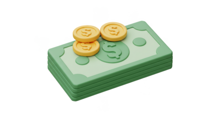 3D Render of Stacked Bills with Coins Transparent Background