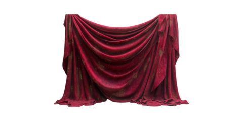 Luxurious Red Velvet Curtain With Gold Accents. Elegant Backdrop For Theater And Events Isolated On Transparent Background