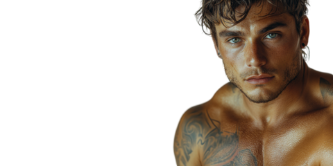 Muscular Tattooed Man With Intense Gaze. Strength And Confidence Isolated On Transparent Background
