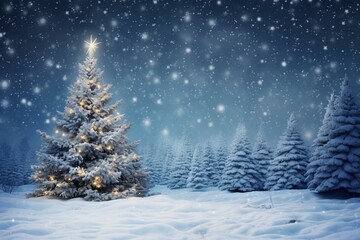 Decorated christmas tree shining in snowy forest at night with falling snow