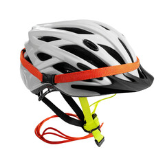 White bike helmet with orange strap for cycling safety gear and head protection for outdoor sports use