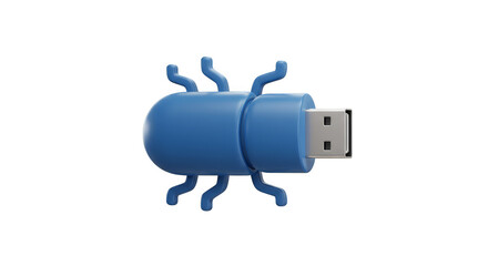 3D Render of a Blue USB Bug Cartoon on Transparent Background