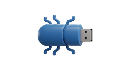 3D Render of a Blue USB Bug Cartoon on Transparent Background