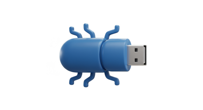 3D Render of a Blue USB Bug Cartoon on Transparent Background