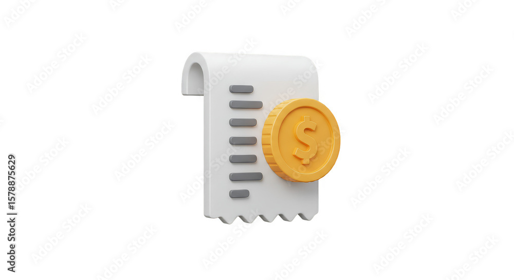 Poster 3d render of gold coin and receipt on transparent background