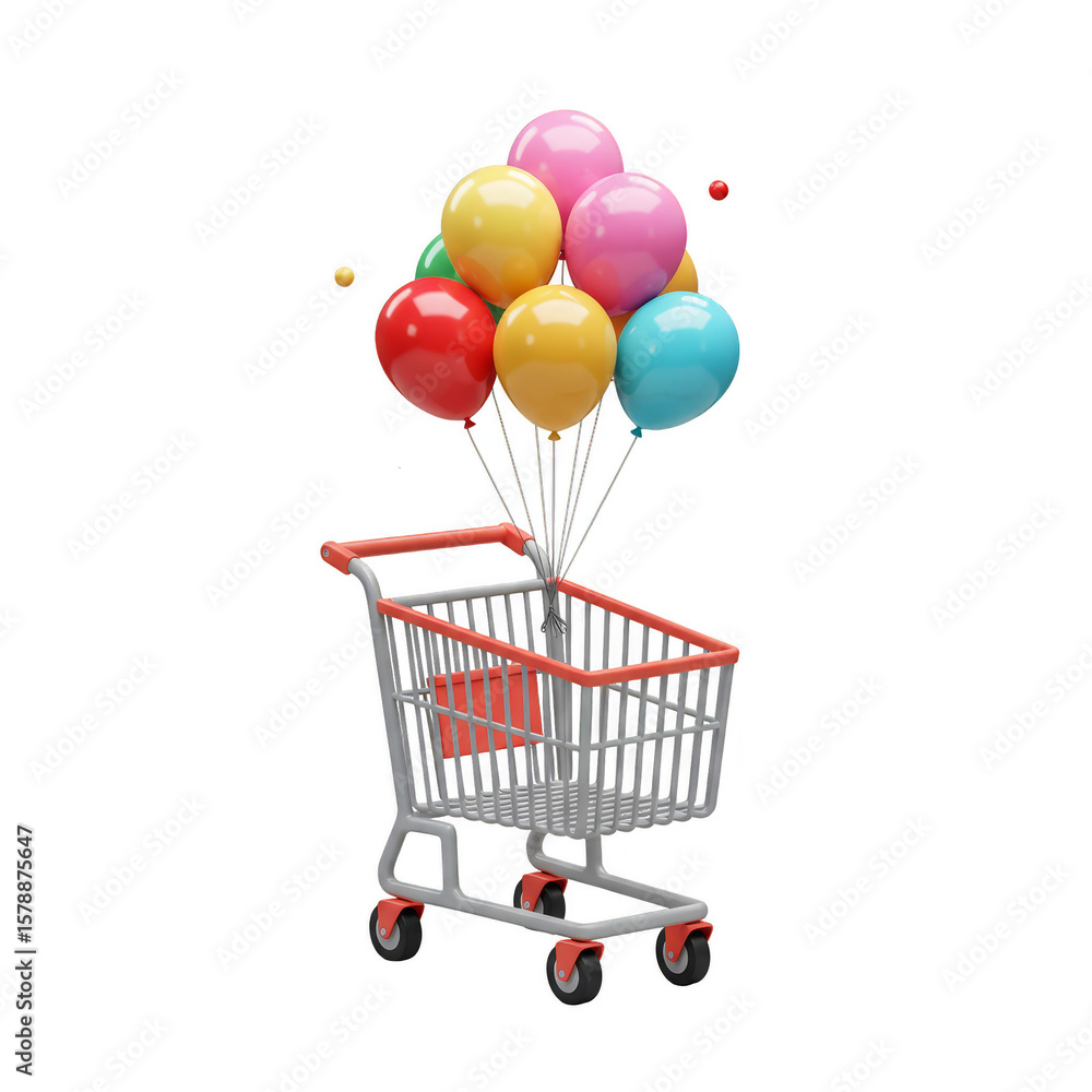 Poster 3d render shopping cart with balloons on transparent background