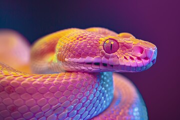 Fototapeta premium Close up of a colorful pink and yellow snake, coiled and exhibiting an intense stare