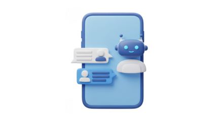 3D Render of Blue Chatbot on Mobile Phone with Transparent Background