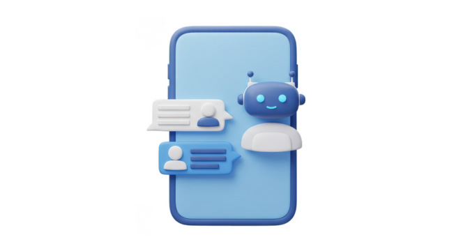 3D Render of Blue Chatbot on Mobile Phone with Transparent Background