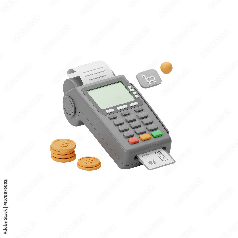 Poster 3d render of payment terminal with coins and credit card isolated
