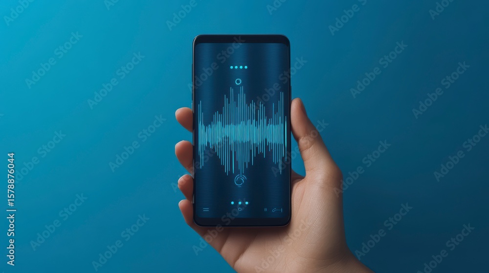 Poster hand holding smartphone displaying audio waveform.