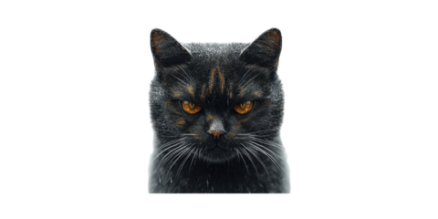 Black Cat With Intense Stare. Mysterious And Enigmatic Feline Portrait Isolated On Transparent Background