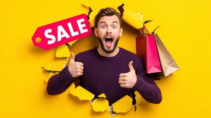 Excited shopper man with thumbs up emerges from a sale burst with shopping bags, featuring retail promotions and special discount offers.
