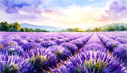 Watercolor lavender field at dawn, hills in background