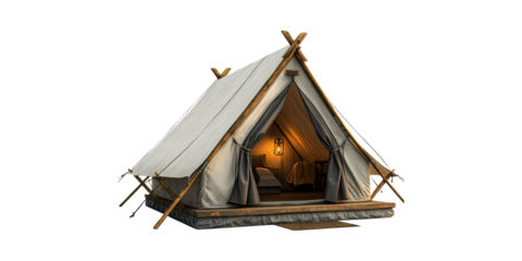 Luxury Glamping Tent With Cozy Interior And Lantern Lighting. Outdoor Adventure And Comfort Isolated On Transparent Background