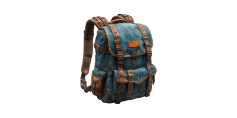 Vintage Blue Backpack With Leather Straps. Rugged Outdoor Adventure Gear Isolated On Transparent Background