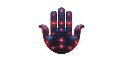 Futuristic Cybernetic Hand With Glowing Red Lights. Symbolizes Technology And Innovation Isolated On Transparent Background