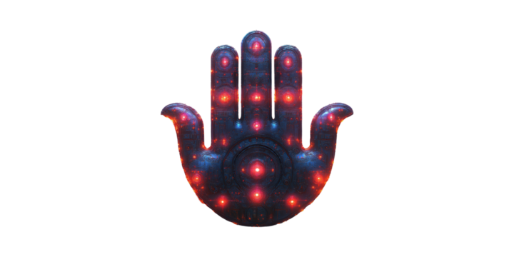 Futuristic Cybernetic Hand With Glowing Red Lights. Symbolizes Technology And Innovation Isolated On Transparent Background