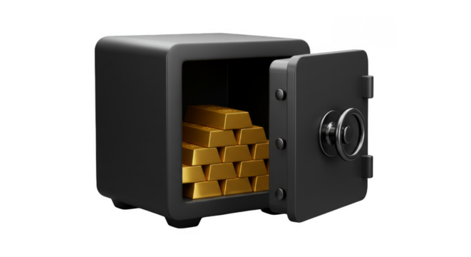 3d Render of Gold Bars Stored Securely inside a Black Safe