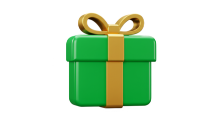 3D Render of Green Gift Box with Gold Ribbon Isolated on White