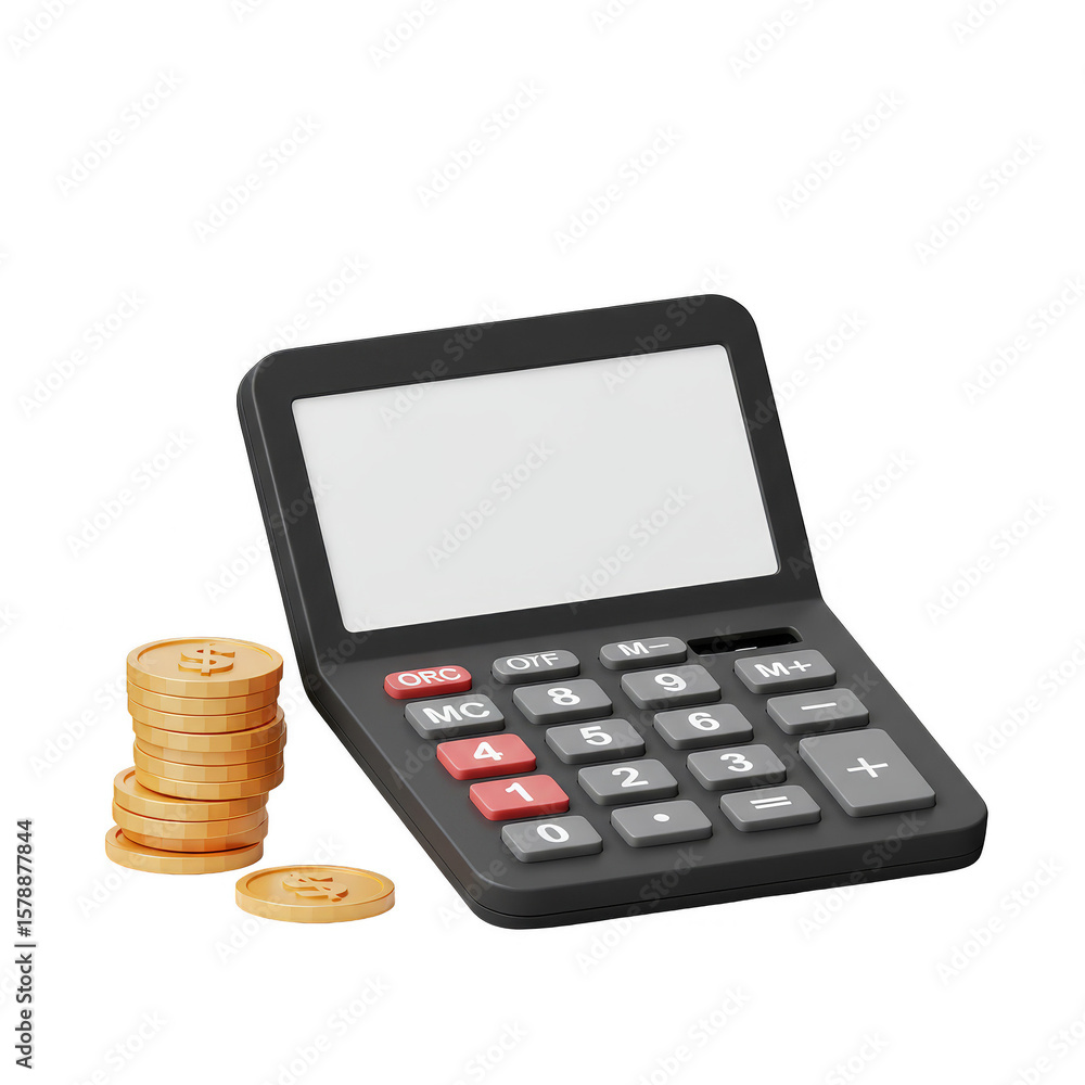Poster 3d rendering finance calculator with gold coins transparent background
