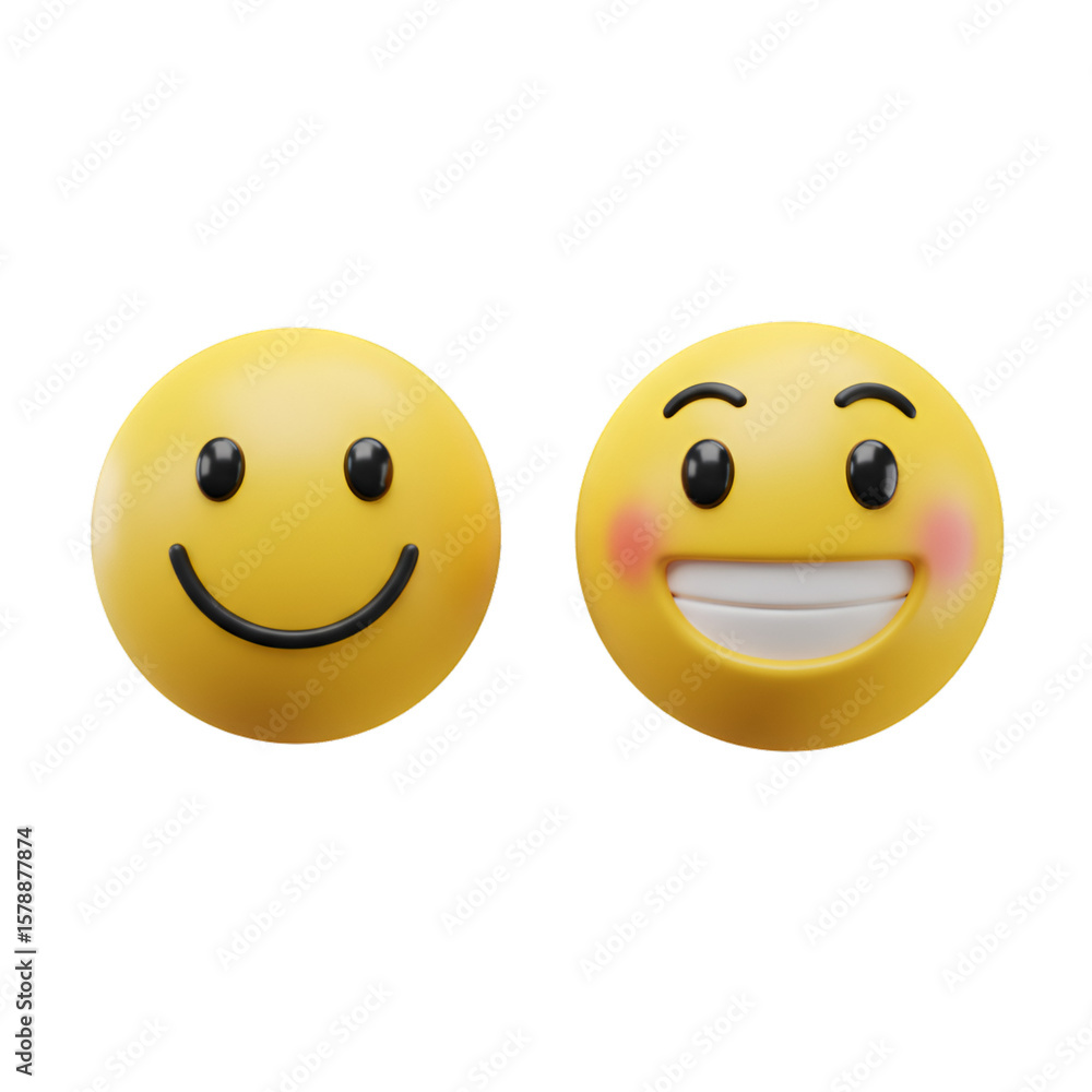 Poster 3d render two yellow smiling happy emoji faces with transparent background