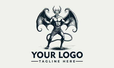 Illustration of a muscular devil-like figure with wings, horns, and a tail, standing over placeholder text.