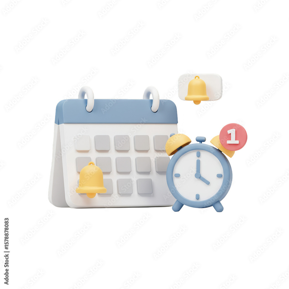 Poster 3d rendered calendar with clock and bells notification on transparent