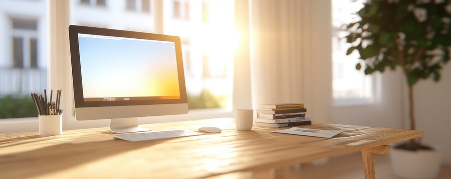Sunny workspace desk with computer