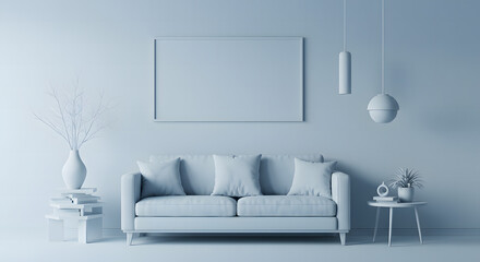 Minimalist living room with a light blue sofa empty picture frame and modern pendant lights