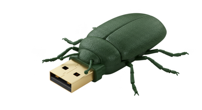 3d Rendered Green Bug USB Drive Isolated with Tech Data Storage
