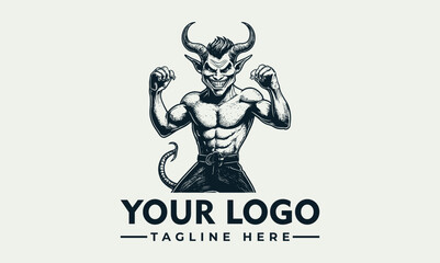 A muscular, horned demon figure, stylized logo design, with a strong, defiant pose.