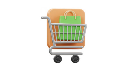 3D Render Shopping Cart with Green Bag Online Store Market