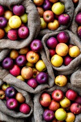 Bags of fresh autumn apples harvested at local farm market