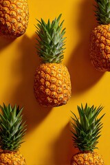 Pineapples arranged on bright yellow backdrop in studio