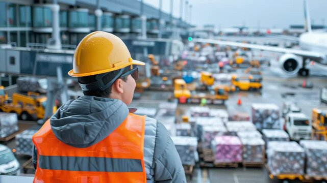 Warehouse worker observing cargo operations at airport during cloudy weather with airplanes in background