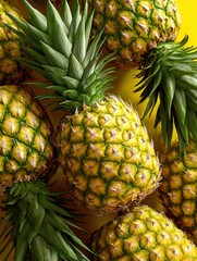 Pineapples stacked on yellow