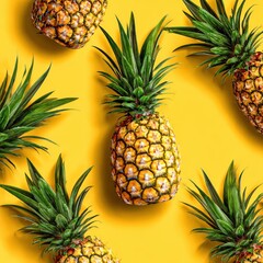 Pineapple fruit still life arrangement on a yellow backdrop