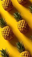 Pineapples arranged on a bright yellow surface in a pattern