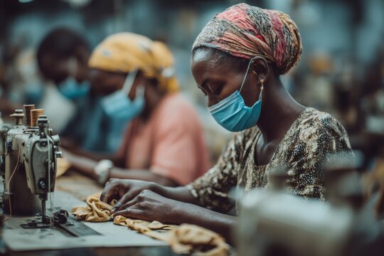 Seamstress wearing mask sewing clothes in textile factory - Powered by Adobe