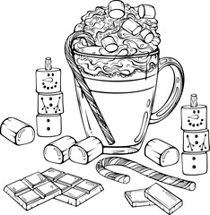Christmas cappuccino with whipped cream, marshmallows, candy cane, chocolate bars, and marshmallow snowmen. Fun festive winter composition. Vector illustration in hand drawn style isolated on white
