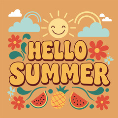 hello summer groovy floral retro vector with solid clean shapes