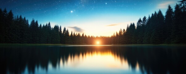 Sunrise over forest lake reflection