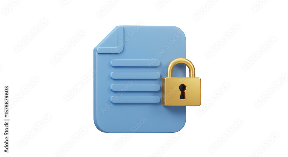 Poster 3d rendering of blue secure file with golden padlock protection